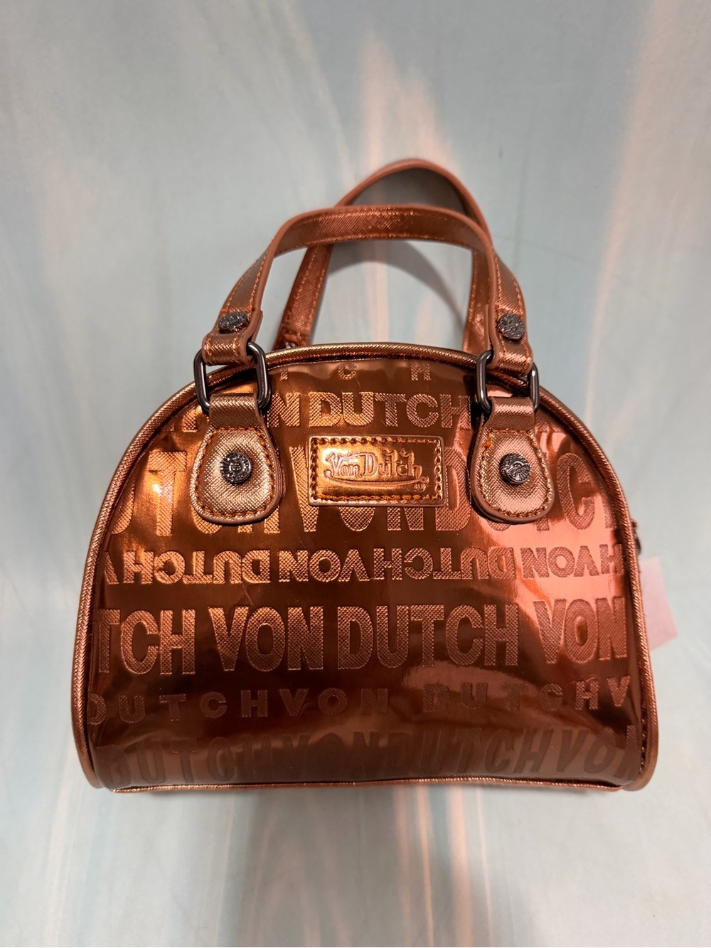 Von Dutch Metallic Copper Logo Dome Satchel - Copper Brown Shine